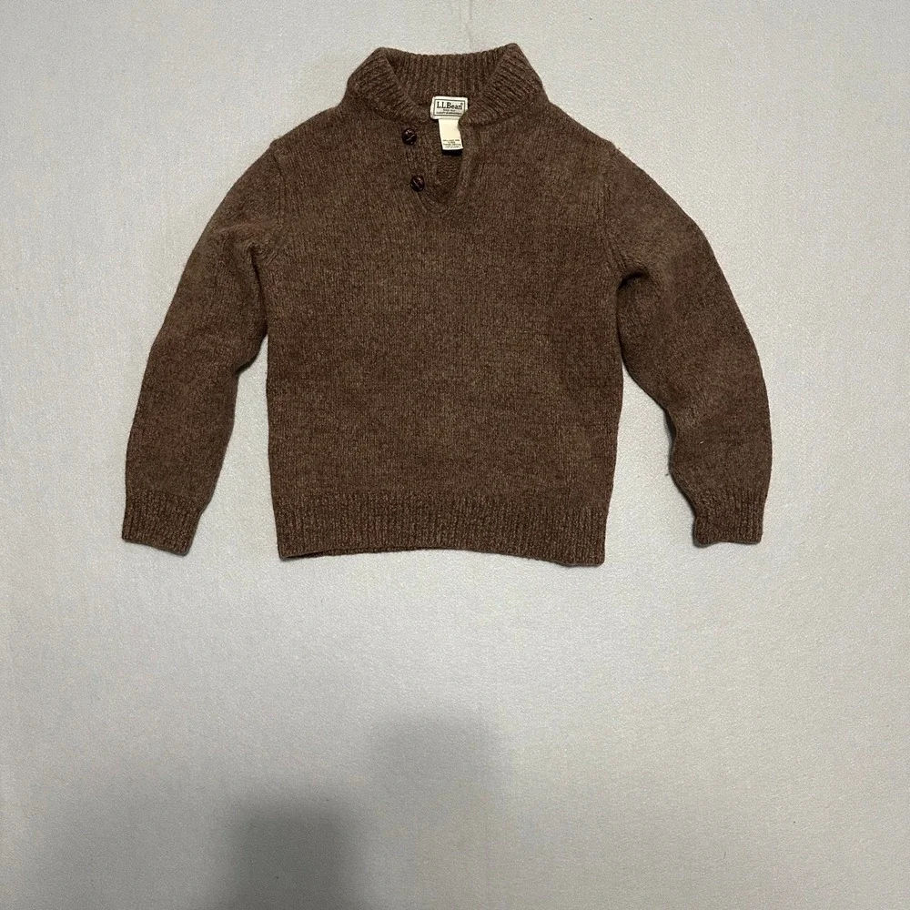LL Bean Mens Brown 100% Lambswool Mock Neck Button Sweater S-REG 285174